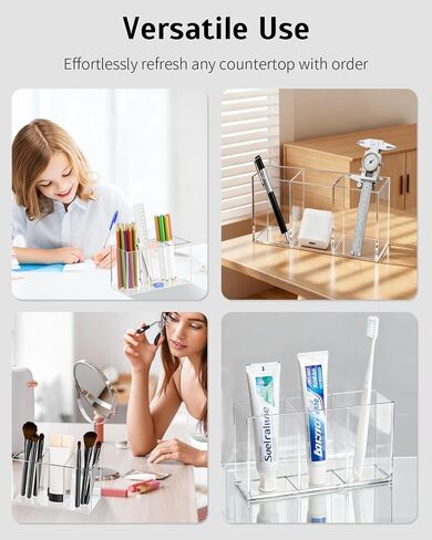 Uniclife Clear Acrylic Pen Holder for Desk, Plastic Pencil Holder Pen Organizer with 4 Compartments, Desktop Stationery Organizer for Office Home School, Vertical Makeup Brush Holder, 9" x 3" x 4" in Saudi Arabia