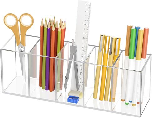 Uniclife Clear Acrylic Pen Holder for Desk, Plastic Pencil Holder Pen Organizer with 4 Compartments, Desktop Stationery Organizer for Office Home School, Vertical Makeup Brush Holder, 9" x 3" x 4" in Saudi Arabia