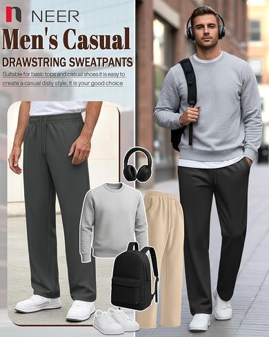 Neer 3 Pack Men's Drawstring Sweatpants Open Bottom Joggers Workout Athletic Tall Lounge Pants Wide Leg with Pockets in Saudi Arabia