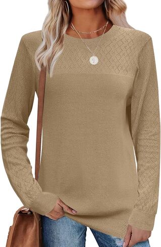 LOMON Sweaters for Women Casual Knit Long Sleeve Crewneck Lightweight Pullover Sweater Womens Hollow Out Tops for Women in Saudi Arabia