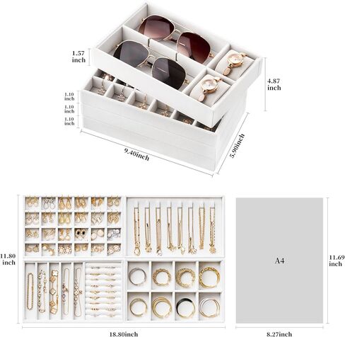 Velvet Jewelry Drawer Organizer Trays – Stackable Jewelry Organizer Storage Inserts Set, 4-Layer Jewelry Tray Set for Earrings, Rings, Necklaces, Bracelets with Removable Dividers for Dresser & Vanity in Kuwait
