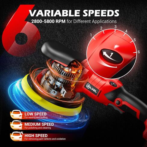 ملمع عازل من سيلفيل، ملمع بقدرة 1600 وات 7 بوصة/6 بوصة لتفصيل السيارة، ماكينة الشمع، 7 سرعات متغيرة، مع 6 وسادات إسفنجية، 3 وسادات صوف، حقيبة تغليف، لتلميع القوارب وإزالة الشعر بالشمع، أحمر in Kuwait