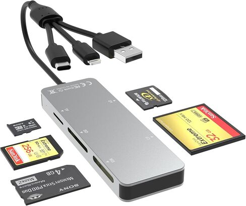 محول Memory Stick Pro Duo-5 في 1 قارئ بطاقة ذاكرة متعددة الألومنيوم مع Lightning/USB-C/USB 3.0 لـ SD/Micro SD/MS/XD/CF/PRO-HG ، محول Sony Stick Pro Duo لـ iPhone/Android/PC in Kuwait