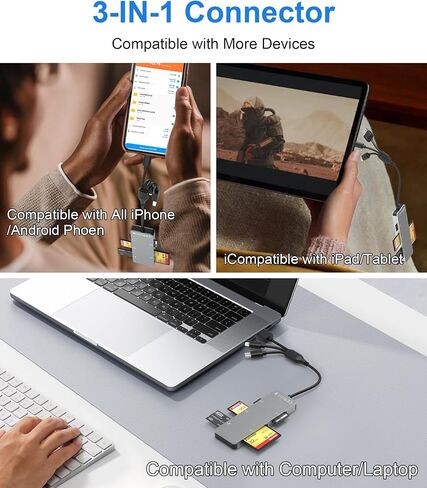 محول Memory Stick Pro Duo-5 في 1 قارئ بطاقة ذاكرة متعددة الألومنيوم مع Lightning/USB-C/USB 3.0 لـ SD/Micro SD/MS/XD/CF/PRO-HG ، محول Sony Stick Pro Duo لـ iPhone/Android/PC in Kuwait