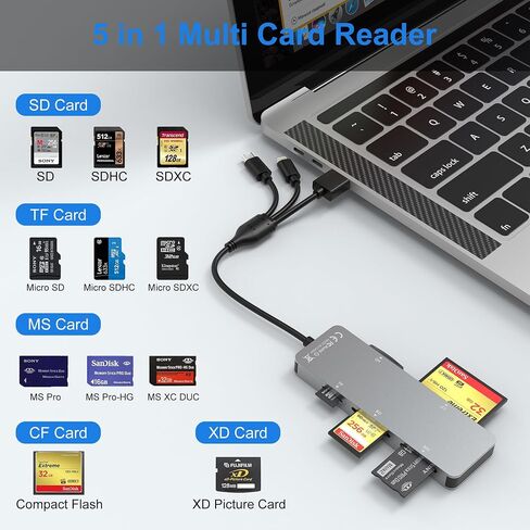 محول Memory Stick Pro Duo-5 في 1 قارئ بطاقة ذاكرة متعددة الألومنيوم مع Lightning/USB-C/USB 3.0 لـ SD/Micro SD/MS/XD/CF/PRO-HG ، محول Sony Stick Pro Duo لـ iPhone/Android/PC in Kuwait