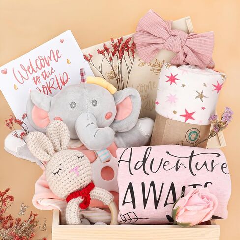 Baby Girl Gifts,Baby Shower Gifts for Girls,New Born Baby Girls Gift,Baby Girl Gift Basket,Unique Baby Gift Essential,Gender Reveal Gifts,Rattle Swaddle Blanket Baby Girl Gifts in Saudi Arabia