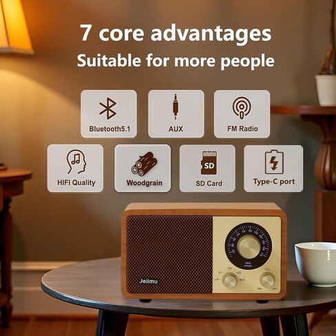 مكبر صوت بلوتوث Radio Vintage ، 2600 مللي أمبير في الساعة راديو معاد شحنه مع هوائي FM مدمج للمطبخ المنزلي وغرفة المعيشة مع مقبض دوار in Saudi Arabia