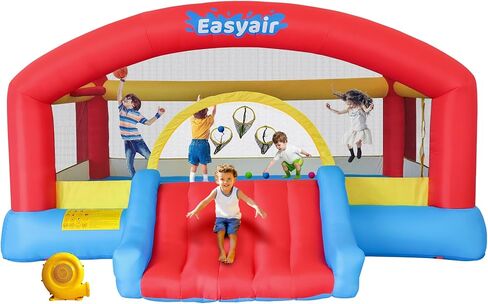 منزل ترتد القابل للنفخ للأطفال ، 123 "L x 110" قلعة نطاط ، قفز ، شريحة ، طوق كرة السلة ، حفر الكرة ، الحلقات ، لعبة مستهدفة مع 270 واط. in Kuwait