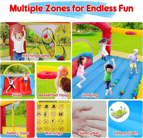 منزل ترتد القابل للنفخ للأطفال ، 123 "L x 110" قلعة نطاط ، قفز ، شريحة ، طوق كرة السلة ، حفر الكرة ، الحلقات ، لعبة مستهدفة مع 270 واط. in Kuwait