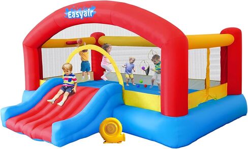 منزل ترتد القابل للنفخ للأطفال ، 123 "L x 110" قلعة نطاط ، قفز ، شريحة ، طوق كرة السلة ، حفر الكرة ، الحلقات ، لعبة مستهدفة مع 270 واط. in Kuwait
