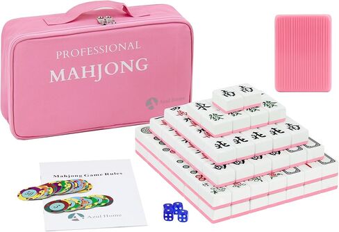 Mahjong Game Set, 144 40mm(1.57") Melamine Tiles with 4 Dices 40 Poker Chips and One Storage Bag, Complete Mahjong Tiles Set, Large, Majiang, 麻将, Pink in Kuwait