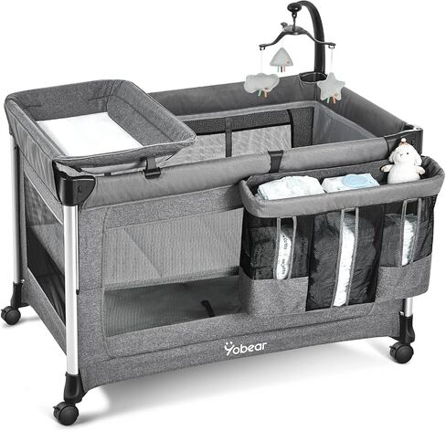 4-in-1 Baby Bassinet with Mattress - One-Push Setup Playard - Bedside Crib with Diaper Changer from Newborn to Toddler (Grey) in Saudi Arabia