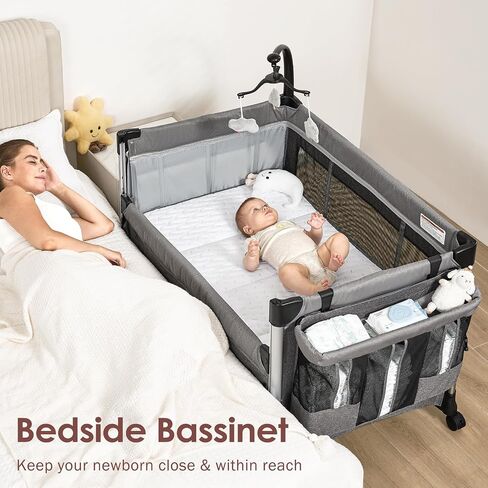 4-in-1 Baby Bassinet with Mattress - One-Push Setup Playard - Bedside Crib with Diaper Changer from Newborn to Toddler (Grey) in Saudi Arabia