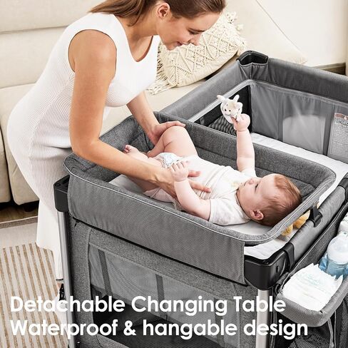 4-in-1 Baby Bassinet with Mattress - One-Push Setup Playard - Bedside Crib with Diaper Changer from Newborn to Toddler (Grey) in Saudi Arabia