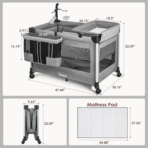 4-in-1 Baby Bassinet with Mattress - One-Push Setup Playard - Bedside Crib with Diaper Changer from Newborn to Toddler (Grey) in Saudi Arabia