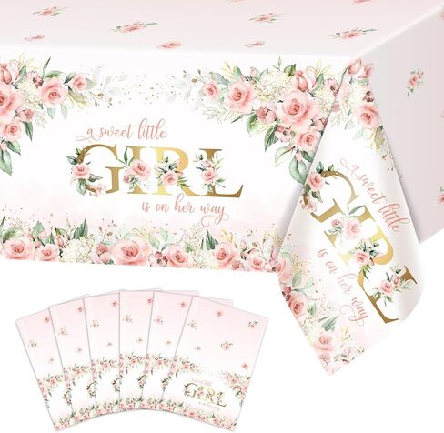 Avezano 3 pcs Girl Baby Shower Tablecloth 108x54 inch Pink Floral Baby Shower Party Tablecovers Disposable A Sweet Little Girl is on Her Way Table Cloth Plastic in Saudi Arabia