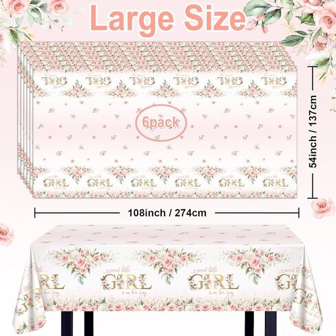 Avezano 3 pcs Girl Baby Shower Tablecloth 108x54 inch Pink Floral Baby Shower Party Tablecovers Disposable A Sweet Little Girl is on Her Way Table Cloth Plastic in Saudi Arabia