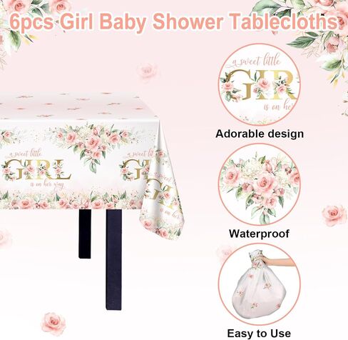 Avezano 3 pcs Girl Baby Shower Tablecloth 108x54 inch Pink Floral Baby Shower Party Tablecovers Disposable A Sweet Little Girl is on Her Way Table Cloth Plastic in Saudi Arabia