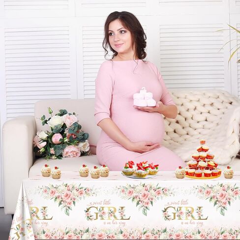 Avezano 3 pcs Girl Baby Shower Tablecloth 108x54 inch Pink Floral Baby Shower Party Tablecovers Disposable A Sweet Little Girl is on Her Way Table Cloth Plastic in Saudi Arabia