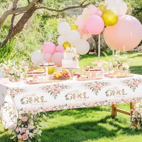 Avezano 3 pcs Girl Baby Shower Tablecloth 108x54 inch Pink Floral Baby Shower Party Tablecovers Disposable A Sweet Little Girl is on Her Way Table Cloth Plastic in Saudi Arabia