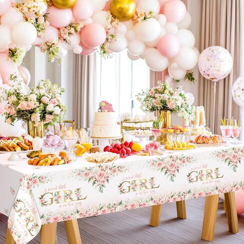 Avezano 3 pcs Girl Baby Shower Tablecloth 108x54 inch Pink Floral Baby Shower Party Tablecovers Disposable A Sweet Little Girl is on Her Way Table Cloth Plastic in Saudi Arabia