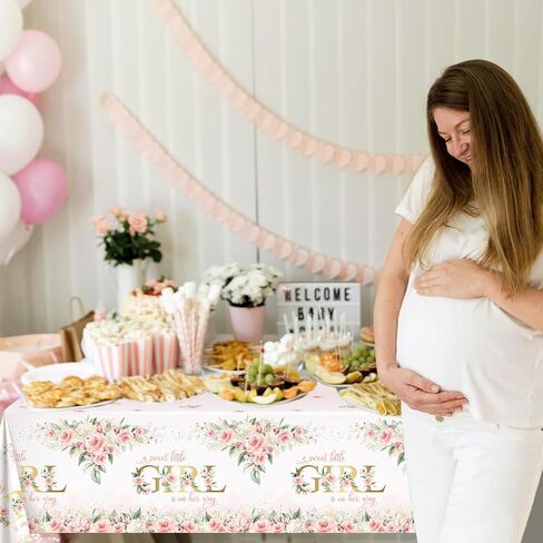 Avezano 3 pcs Girl Baby Shower Tablecloth 108x54 inch Pink Floral Baby Shower Party Tablecovers Disposable A Sweet Little Girl is on Her Way Table Cloth Plastic in Saudi Arabia