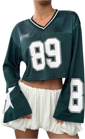 GORGLITTER Women's Number Graphic Jersey Crop Top Shirts Y2K 90s Bell Long Sleeve V Neck Graphic Tee in Kuwait