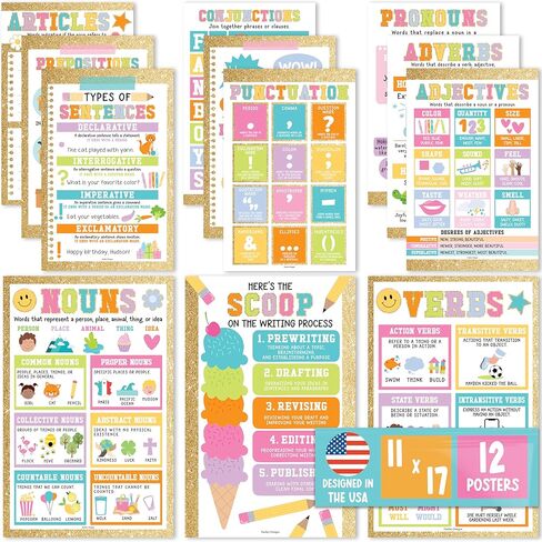 Hadley Designs Parts of Speech Posters For Classroom Must Haves - 12 English Grammar Posters for Classroom, Writing Process Language Arts Elementary & Middle School, Retro ELA Decor in Saudi Arabia