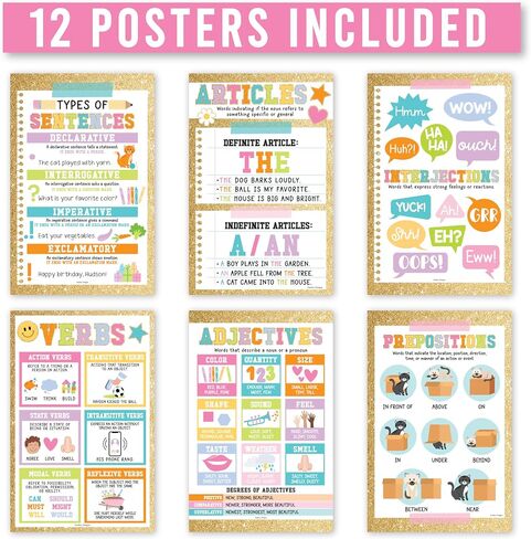 Hadley Designs Parts of Speech Posters For Classroom Must Haves - 12 English Grammar Posters for Classroom, Writing Process Language Arts Elementary & Middle School, Retro ELA Decor in Saudi Arabia