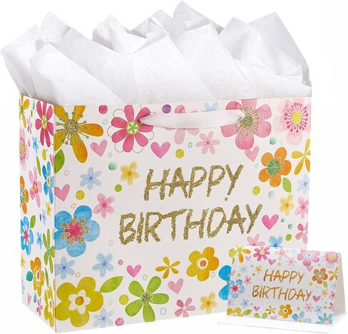 SUNCOLOR 13" Large Birthday Gift Bag with Tissue Paper&Greeting Card-For Kids,Moms,Girls' Birthday in Saudi Arabia