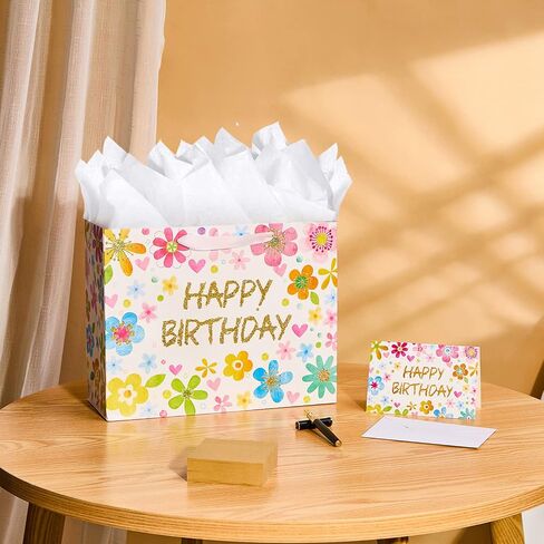 SUNCOLOR 13" Large Birthday Gift Bag with Tissue Paper&Greeting Card-For Kids,Moms,Girls' Birthday in Saudi Arabia
