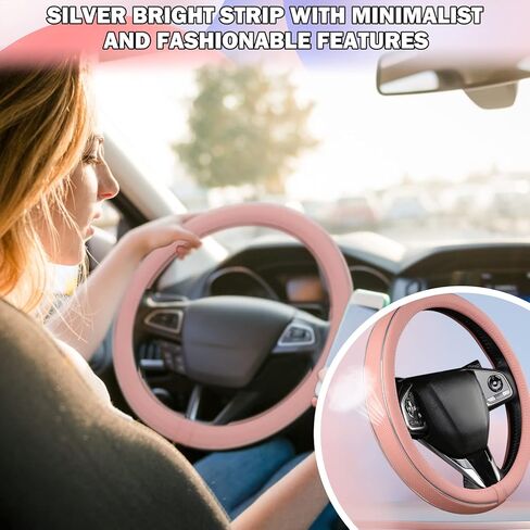 Green Car Steering Wheel Cover, Anti Slip Breathable Comfort Leather with Silver Bright Fiber Strip, Universal Protector for All Season 15 inch Fit Most Cars in Kuwait