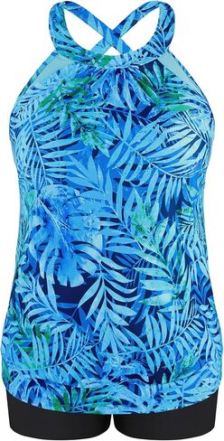 Women Plus Size Tankini Swimsuits with Shorts Tummy Control Two Piece Blouson Bathing Suits High Neck Swimwear Blue Star in Kuwait