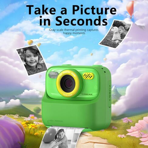 Instant Print Camera for Kids, 2.4 Inch Screen 1080P Kids Camera Instant Print with 2 Rolls Paper, Built in 32GB Card, for Boys & Girls (Black-Green) in Saudi Arabia