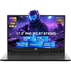 NIMO 17.3" Light-Gaming-Laptop, 8 Cores AMD Ryzen 7 8745HS 64GB DDR5 RAM 1TB SSD (Beat R9 6900HX, up to 4.9GHz) Radeon 780M Graphics IPS FHD Computer with 100W Type-C Fingerprint, Backlit Keyboard in Kuwait