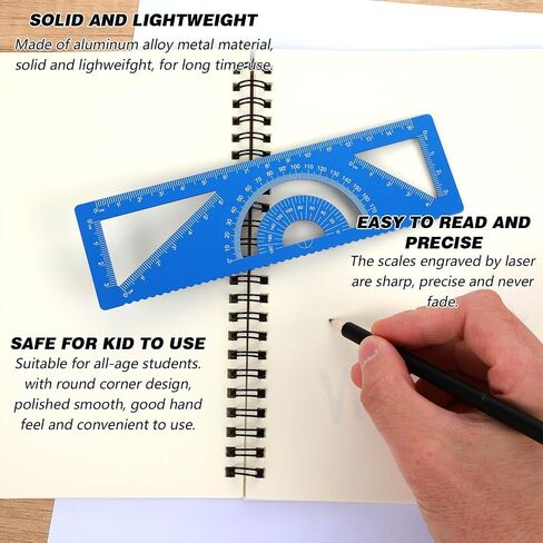 4-in-1 Small Metal Ruler 6 Inch, Multifunctional Drafting 15cm Straight Edge Ruler Portable Protractor Triangle Geometry Scale Digital for Teacher Learning Tool- Black in Saudi Arabia