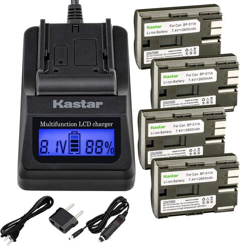 شاحن Kastar + 4 قطع بديلة لبطارية BP-511، BP-511A وEOS 5D، 10D، 20D، 30D، 40D، 50D، Digital Rebel 1D، D60، 300D، D30، Kiss Powershot G5، Pro 1، G2، G3، G6، G1، Pro90 in Saudi Arabia