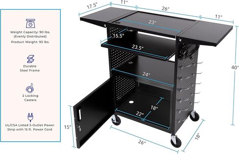 LineLeaderStellarav عربة | عربة كمبيوتر مع Pegboard Side و 12 Hooks forcustomizablestorage | قفل مجلس الوزراء ودرج لوحة المفاتيح السحب | UL السلامة معتمد منافذ الطاقة | قفل العجلات  in Kuwait