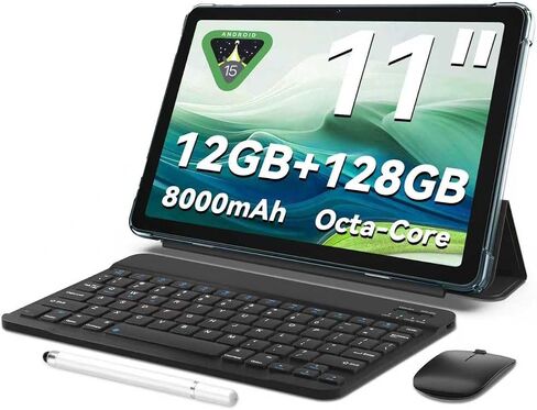Tablet 11 inch Android 15 Tablets | Octa-core | 12GB RAM+128GB ROM | 8000mAh Tablet with Keyboard | Mouse | Case | Dual Band WiFi | BT 5.0 | GPS | 13 MP Dual Camera in Saudi Arabia
