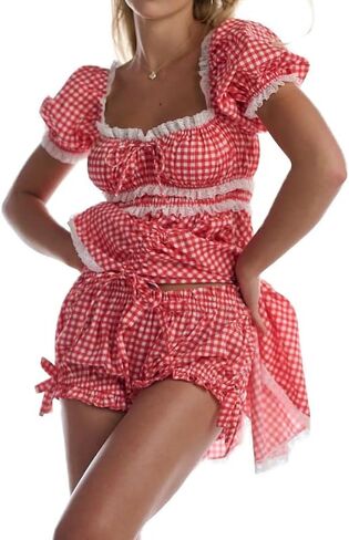 Women Floral Pajama Set Ruffle Puff Sleeve Peplum Shirt Coquette Pj Set Bow Babydoll 2 Piece Shorts Outfit in Kuwait