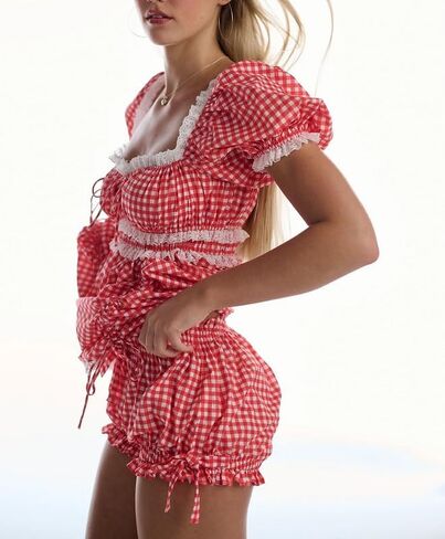 Women Floral Pajama Set Ruffle Puff Sleeve Peplum Shirt Coquette Pj Set Bow Babydoll 2 Piece Shorts Outfit in Kuwait