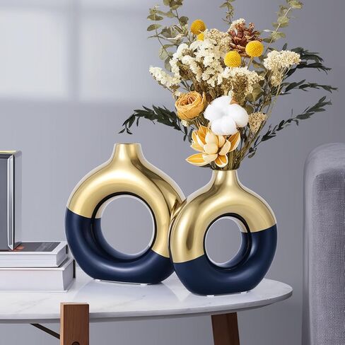 Terracotta Vase Decor Donut Vase Set of 2 - Circle Hollow Vase, Modern Matte Ceramic Vase for Entryway Living Room Bedroom Dining Table Centerpiece Office Home Decor in Saudi Arabia