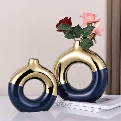 Terracotta Vase Decor Donut Vase Set of 2 - Circle Hollow Vase, Modern Matte Ceramic Vase for Entryway Living Room Bedroom Dining Table Centerpiece Office Home Decor in Saudi Arabia