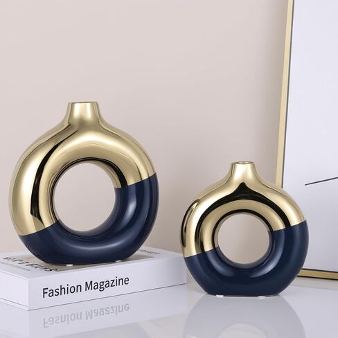 Terracotta Vase Decor Donut Vase Set of 2 - Circle Hollow Vase, Modern Matte Ceramic Vase for Entryway Living Room Bedroom Dining Table Centerpiece Office Home Decor in Saudi Arabia