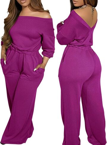 CHICME BEST SHOPPING DEALS Chic Me Off Shoulder Jumpsuits for Women Long Sleeve Wide Leg Dressy Overalls in Kuwait