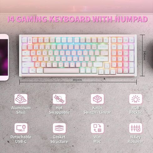Hexgears I4 USB-C Aluminum Gaming Keyboard, Mechanical Keyboard with Number Pad, Kailh Red Switch, RGB Backlight, PBT Keycaps, Hot Swappable for Windows/Mac OS in Kuwait