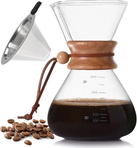 20 Oz Pour over Borosilicate Glass Coffee maker with Stainless Steel Filter and Wooden Collar Holder, Coffee Carafe Brewer for Home & Camping in Saudi Arabia