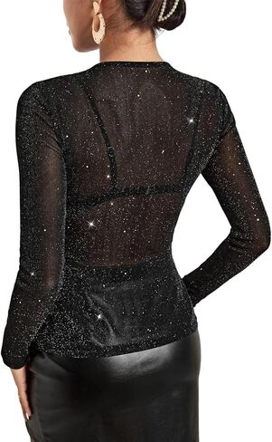 Remidoo Womens Sexy Sheer Mesh Long Sleeve Tops Round Neck Fitted T Shirt in Saudi Arabia