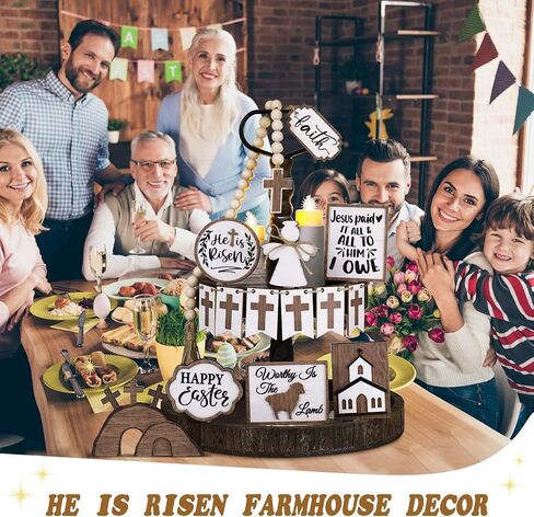 Amyhill 17 Pcs He is Risen Easter Tiered Tray Decor Farmhouse Jesus Tomb Tray Decor Farmhouse Christian Religious Easter Wooden Sign Decorations for Home Indoor Rustic Decorations in Saudi Arabia