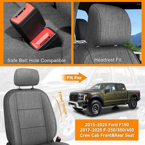 Front and Rear Seat Cover Compatible with 2015-2025 Ford F-150 2017-2025 F250/F350/F450 Crew Cab, Heavy Duty Cationic Linen Fabric Seat Protector, Charcoal in Kuwait